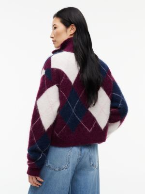 Женский свитер Tommy Jeans Argyle Quarter-Zip, цвет: Ягодный — фото 4