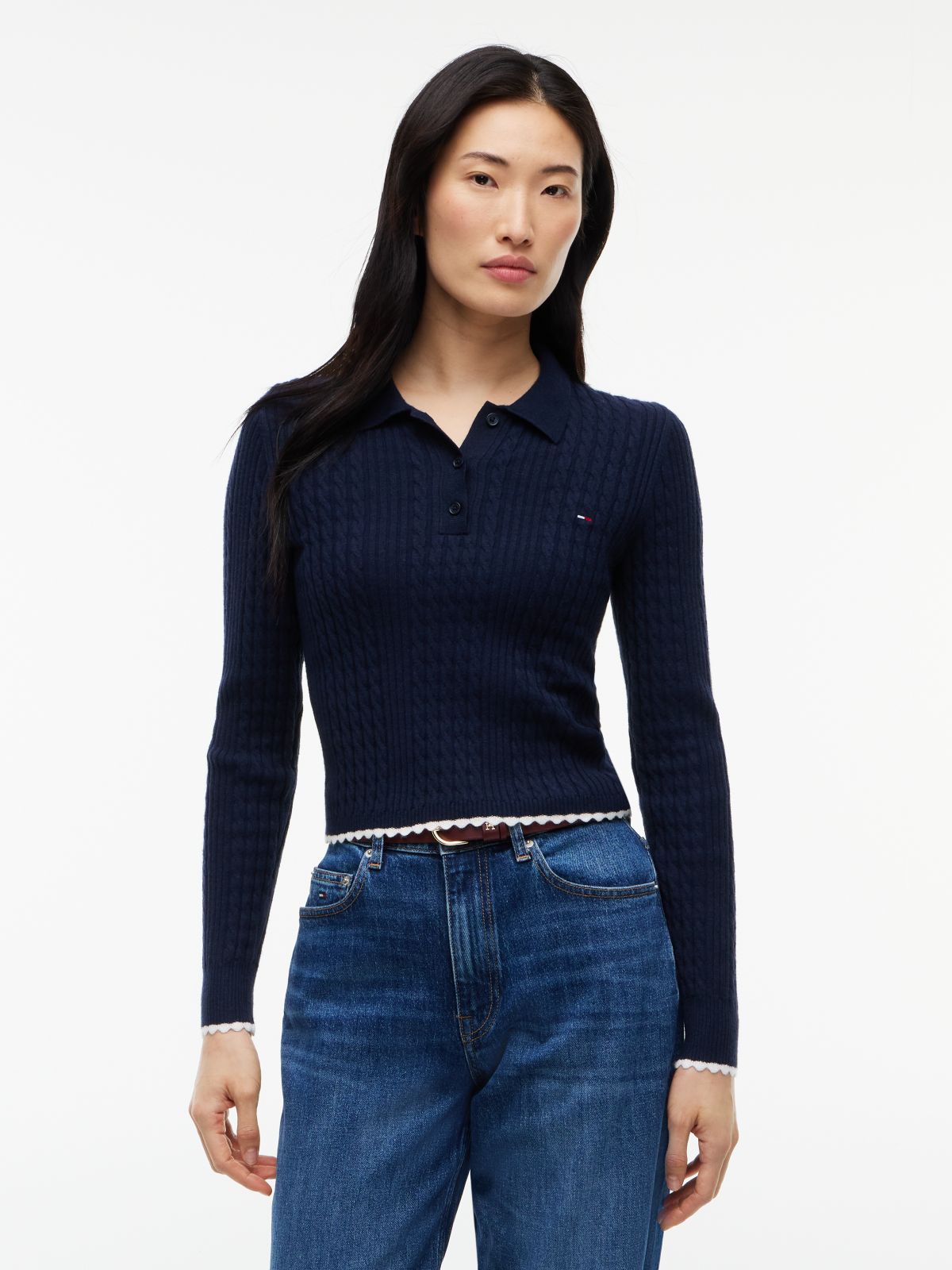 Tommy Jeans Mini Cable Knit Sweater Polo — Navy