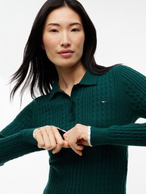 Женские рубашки Tommy Hilfiger Tommy Jeans Mini Cable Knit Sweater Polo, цвет: Зелёный — фото 3