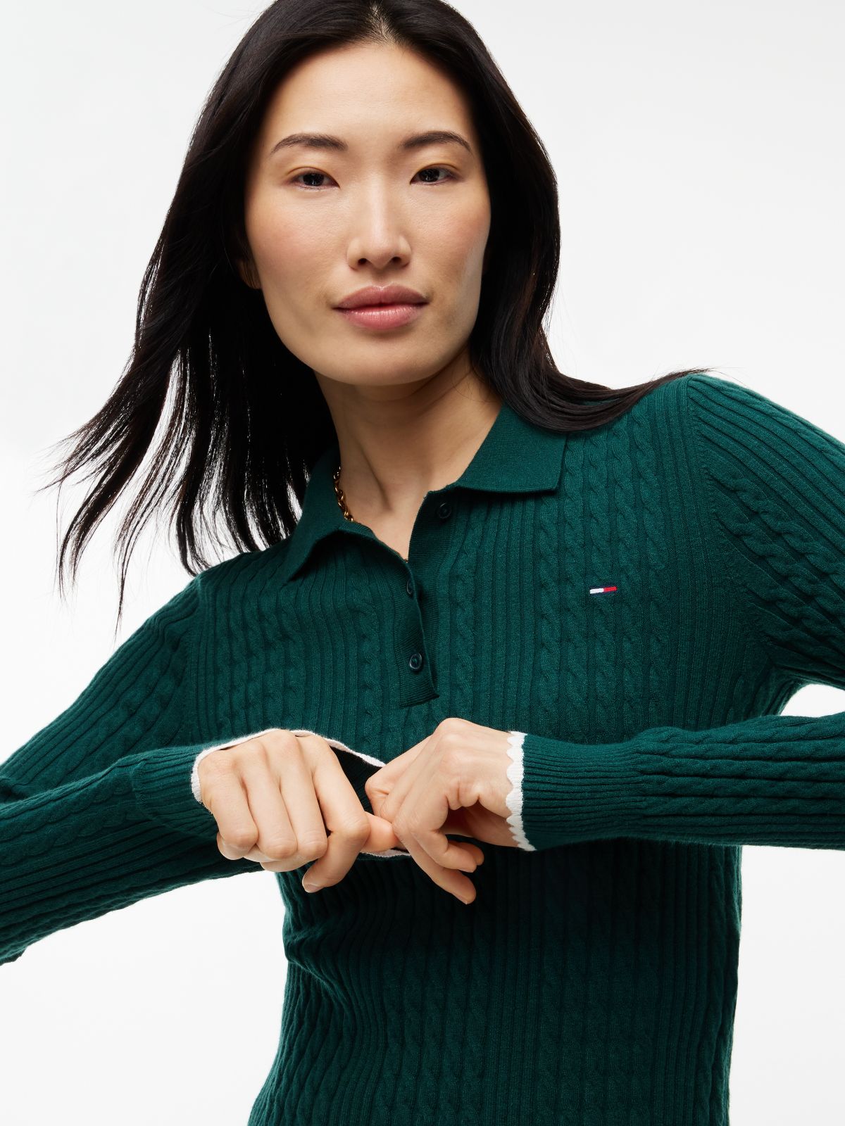 Tommy Jeans Mini Cable Knit Sweater Polo — Elegant Green