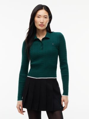 Tommy Jeans Mini Cable Knit Sweater Polo, Elegant Green