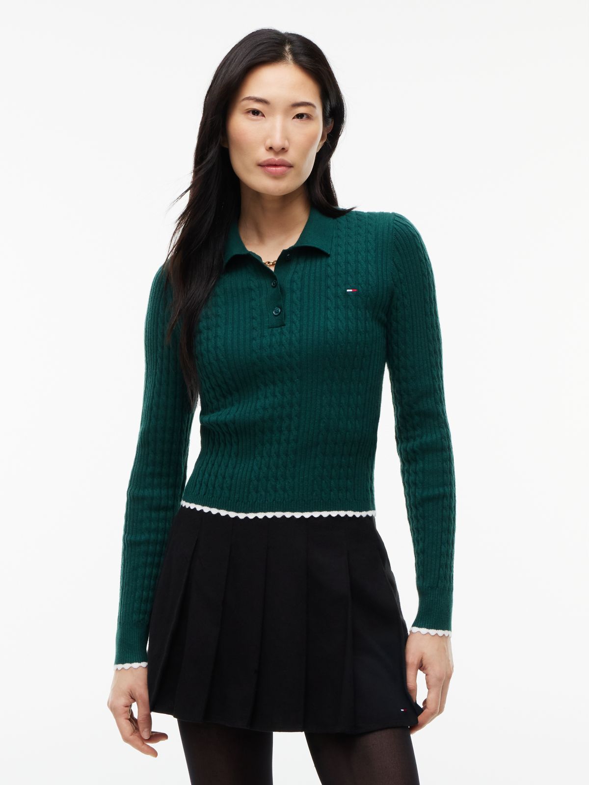 Tommy Jeans Mini Cable Knit Sweater Polo — Elegant Green
