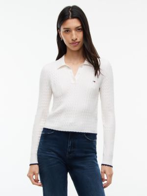Tommy Jeans Mini Cable Knit Sweater Polo, Off White