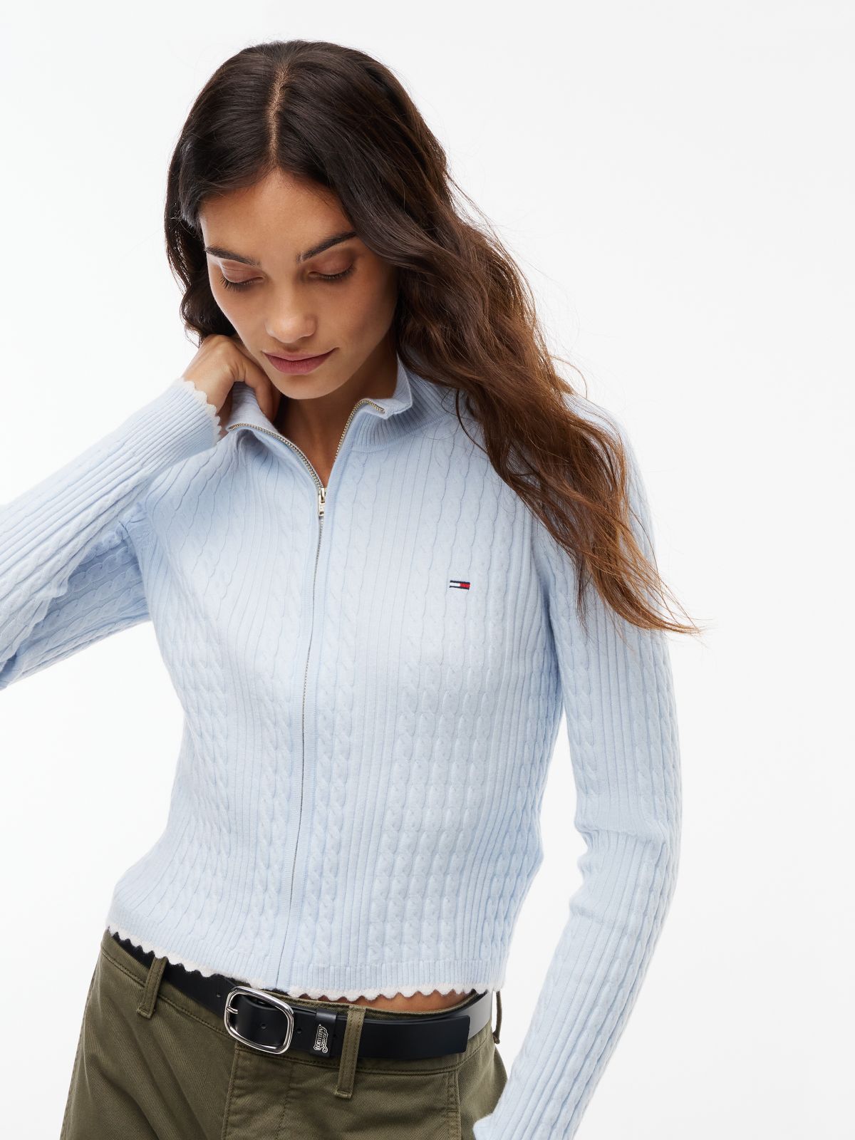 Tommy Jeans Mini Cable Knit Zip Sweater — Sheer Blue