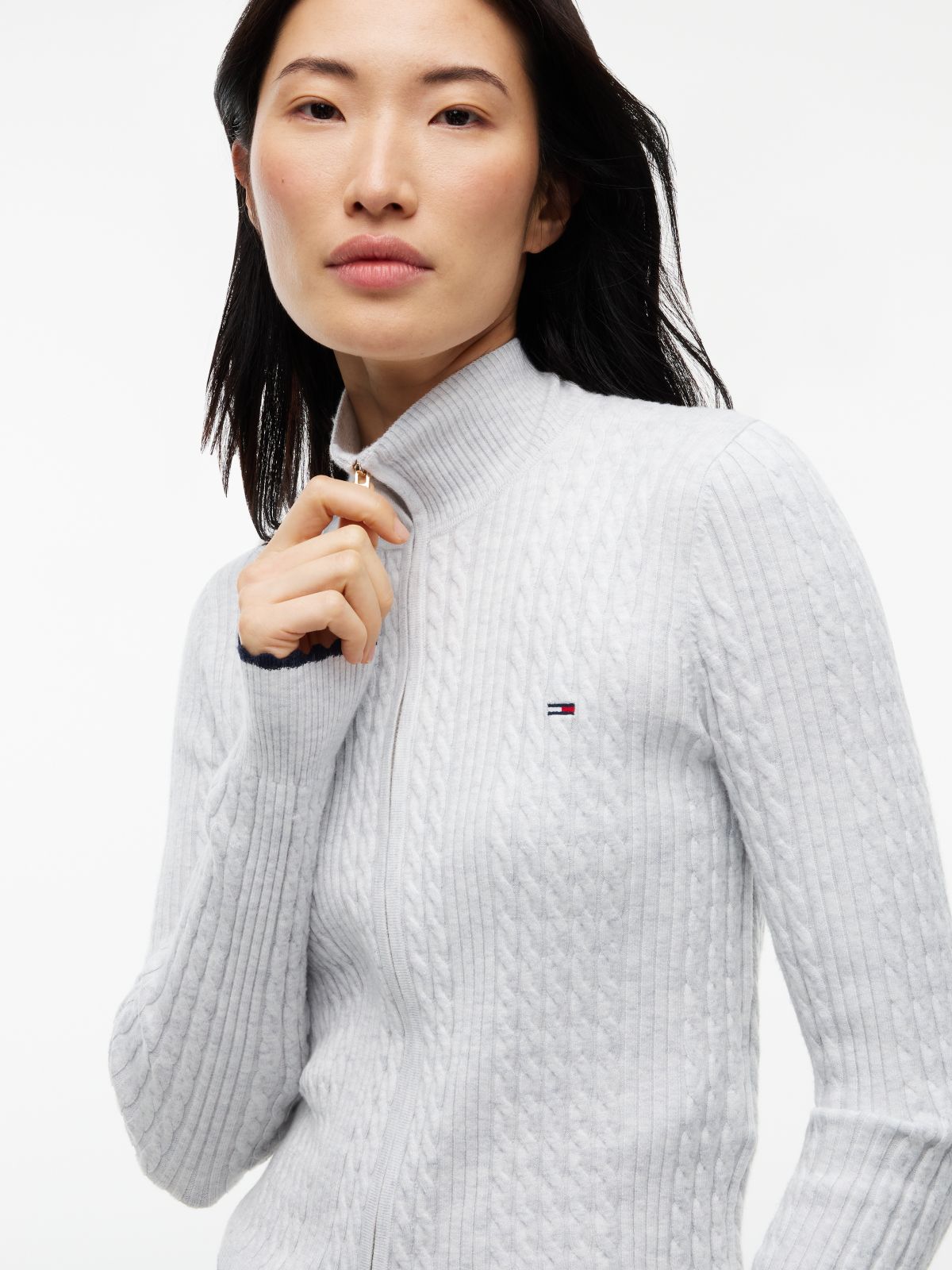 Tommy Jeans Mini Cable Knit Zip Sweater — Ice Grey Heather