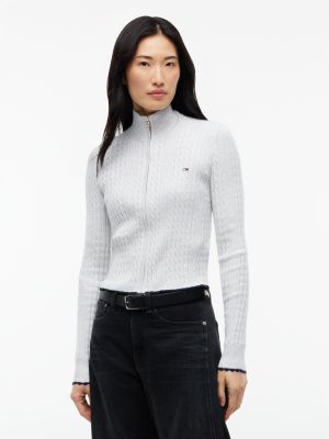 Tommy Jeans Mini Cable Knit Zip Sweater, Ice Grey Heather