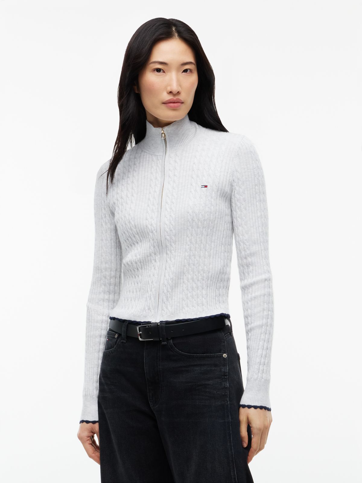 Tommy Jeans Mini Cable Knit Zip Sweater — Ice Grey Heather