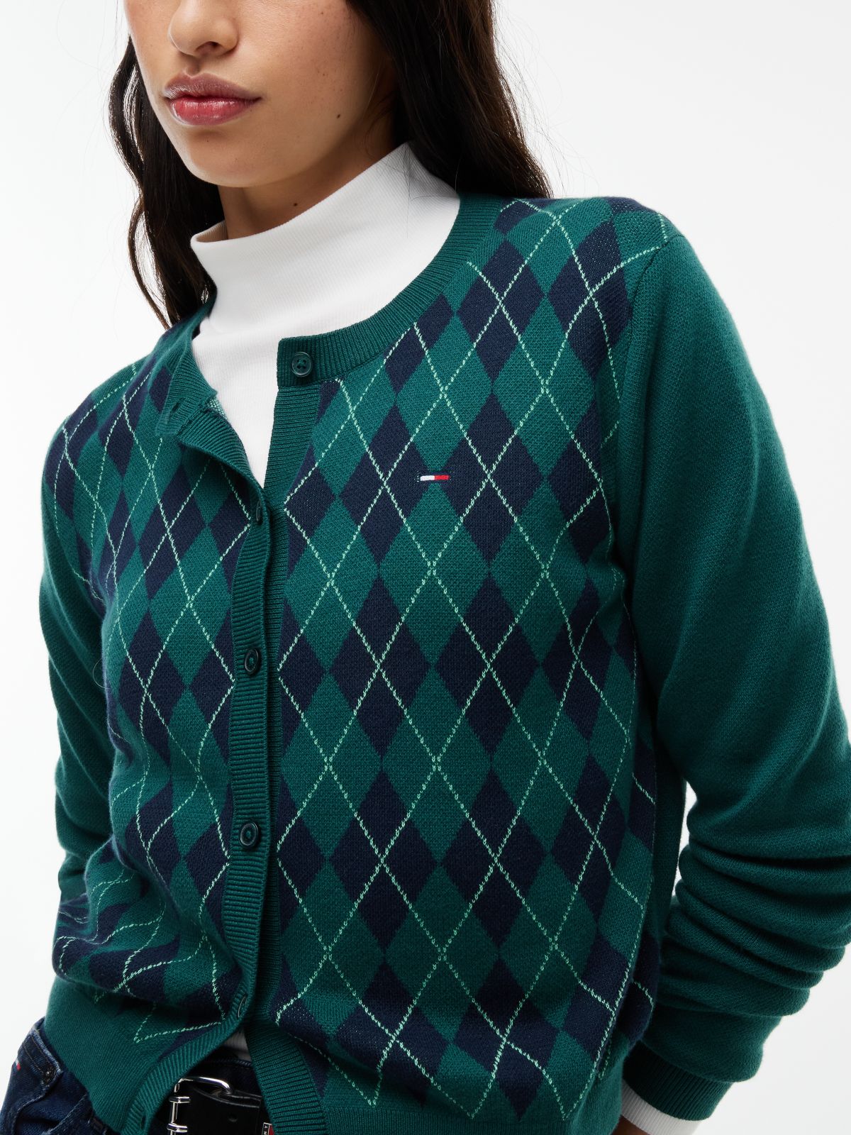 Tommy Jeans Argyle Crewneck Cardigan — Elegant Green