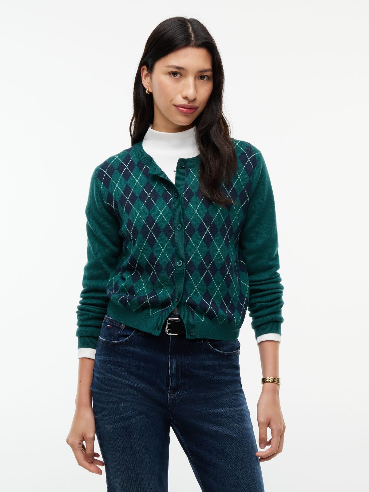 Tommy Jeans Argyle Crewneck Cardigan — Elegant Green