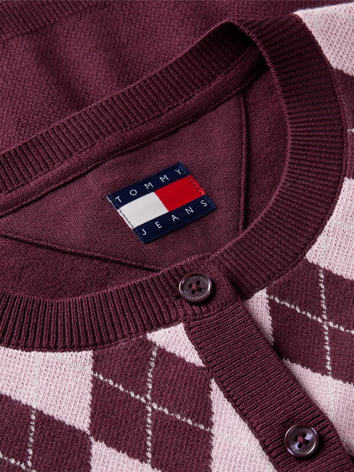 Tommy Jeans Argyle Crewneck Cardigan — Calypso Berry
