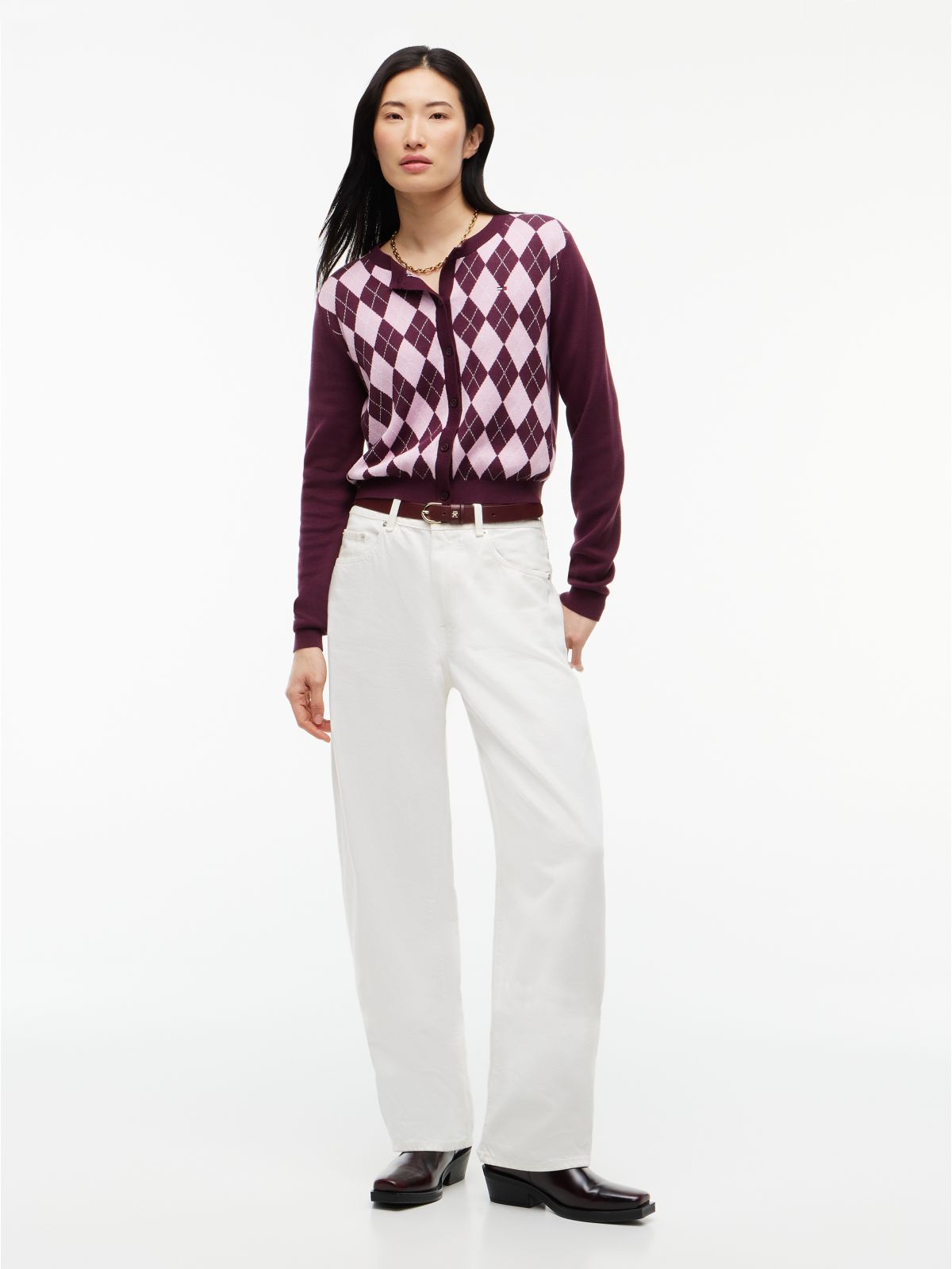 Tommy Jeans Argyle Crewneck Cardigan — Calypso Berry