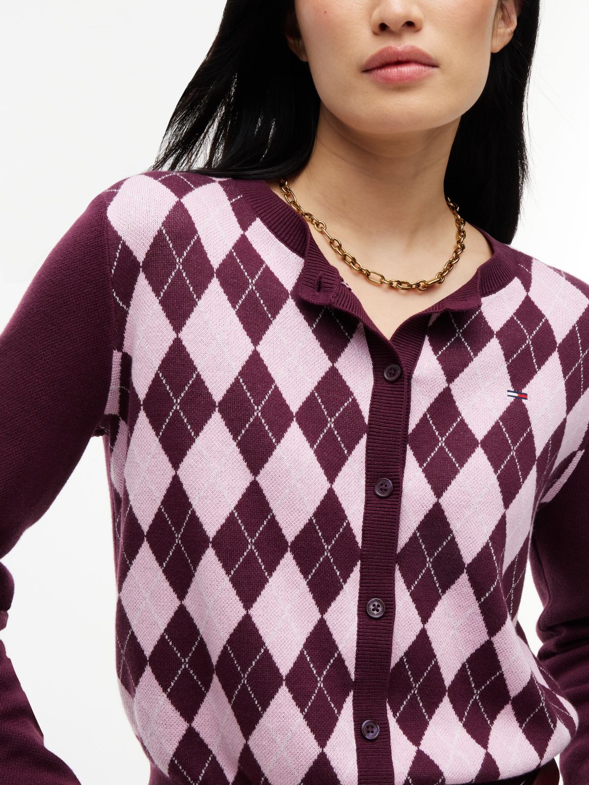 Tommy Jeans Argyle Crewneck Cardigan — Calypso Berry
