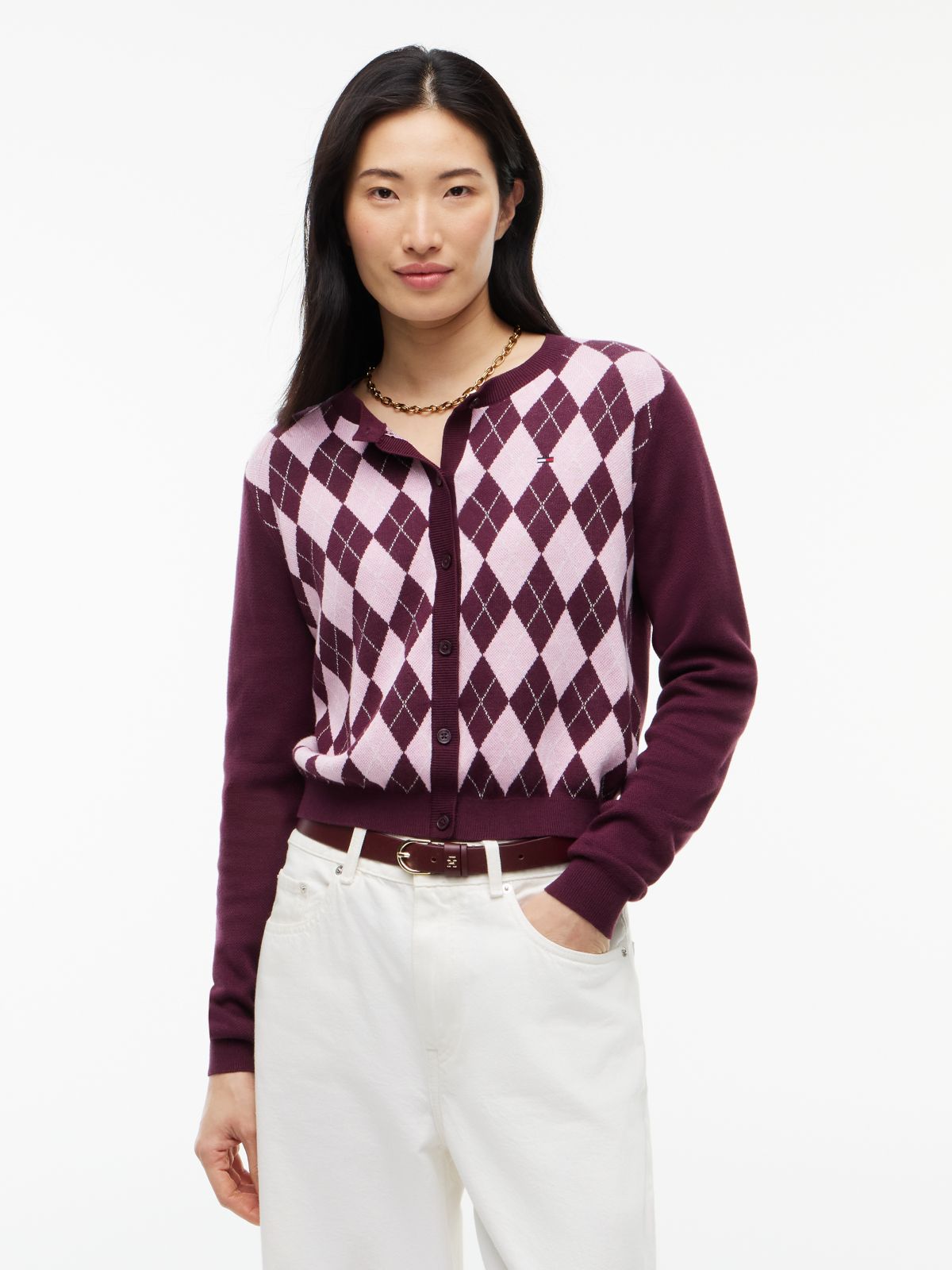 Tommy Jeans Argyle Crewneck Cardigan — Calypso Berry