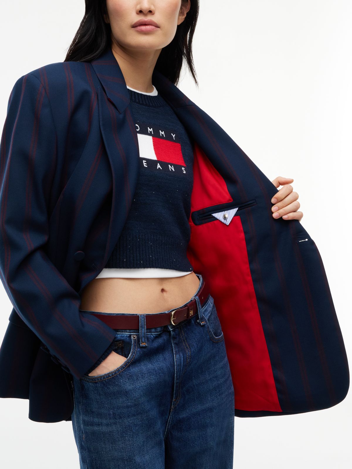 Tommy Jeans Oversized Wool-Blend Blazer — Navy Stripe