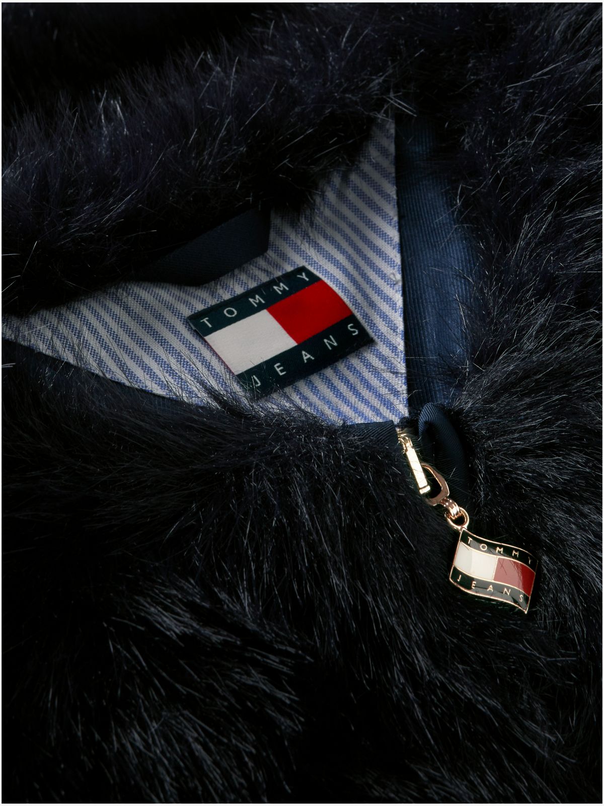 Tommy Jeans Flag Logo Faux Fur Jacket — Navy