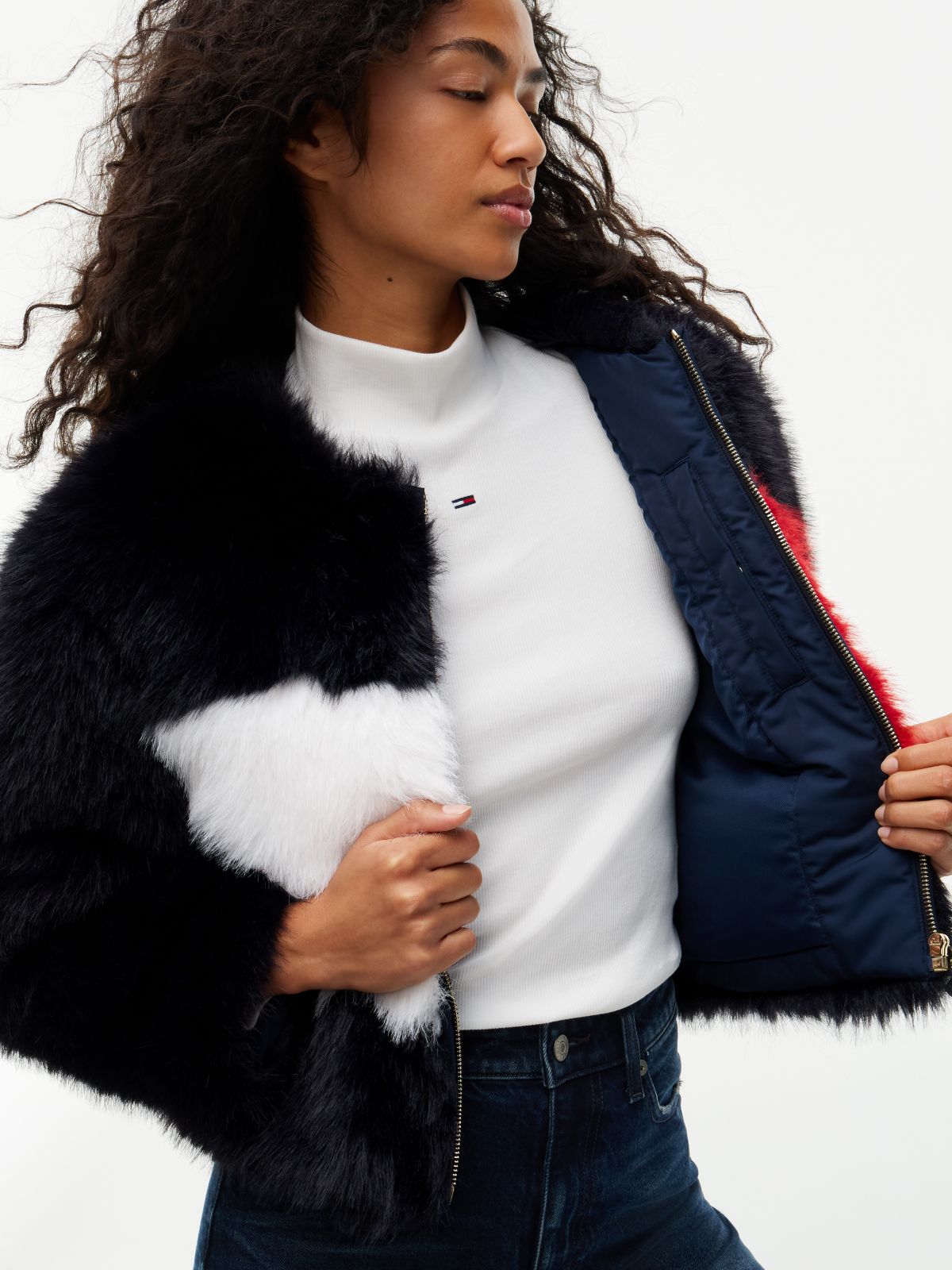 Tommy Jeans Flag Logo Faux Fur Jacket — Navy