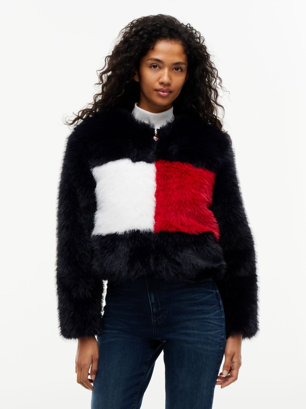 Tommy Jeans Flag Logo Faux Fur Jacket — Navy