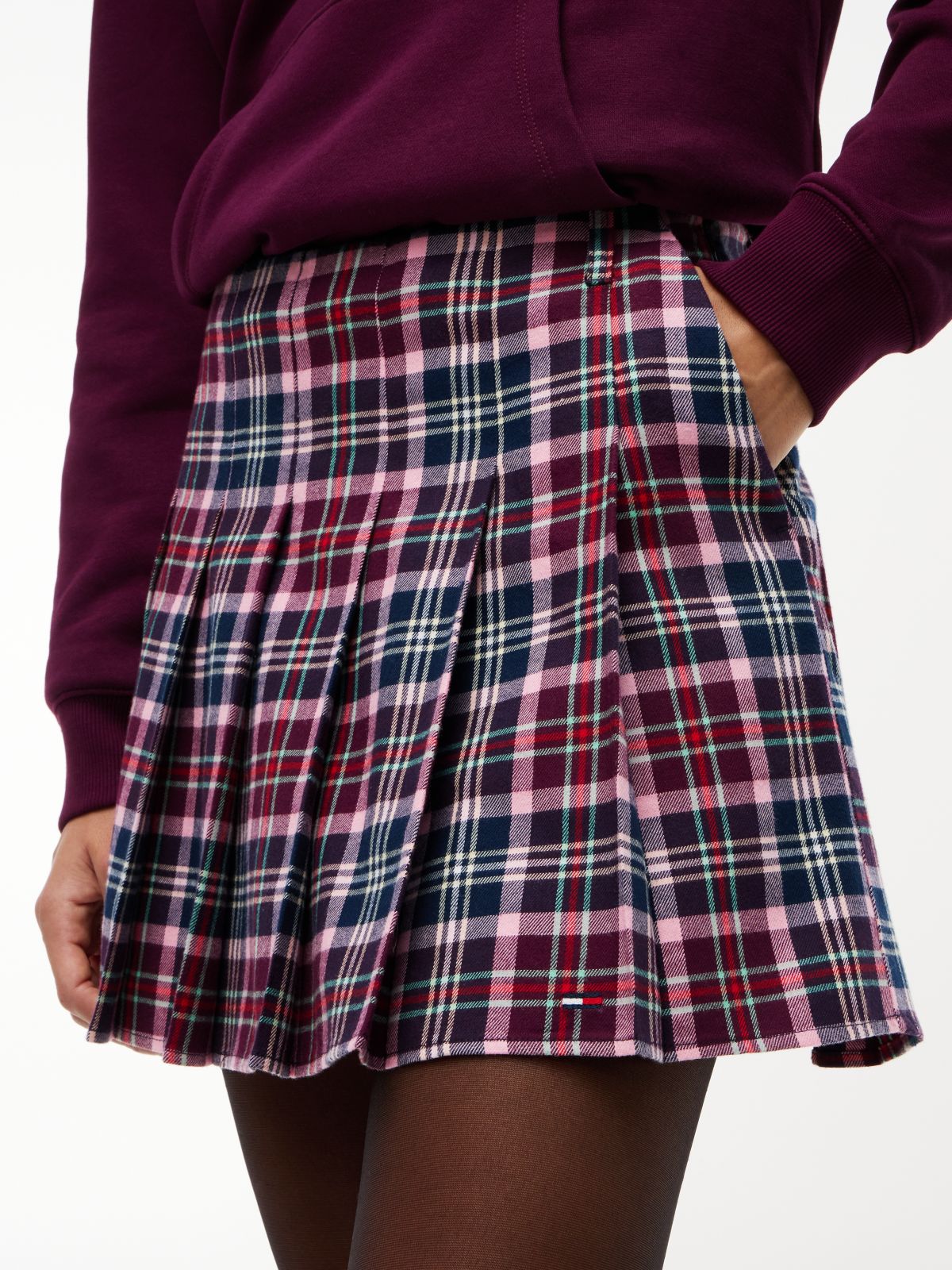 Tommy Jeans Pleated Twill Mini Skirt — Red Plaid