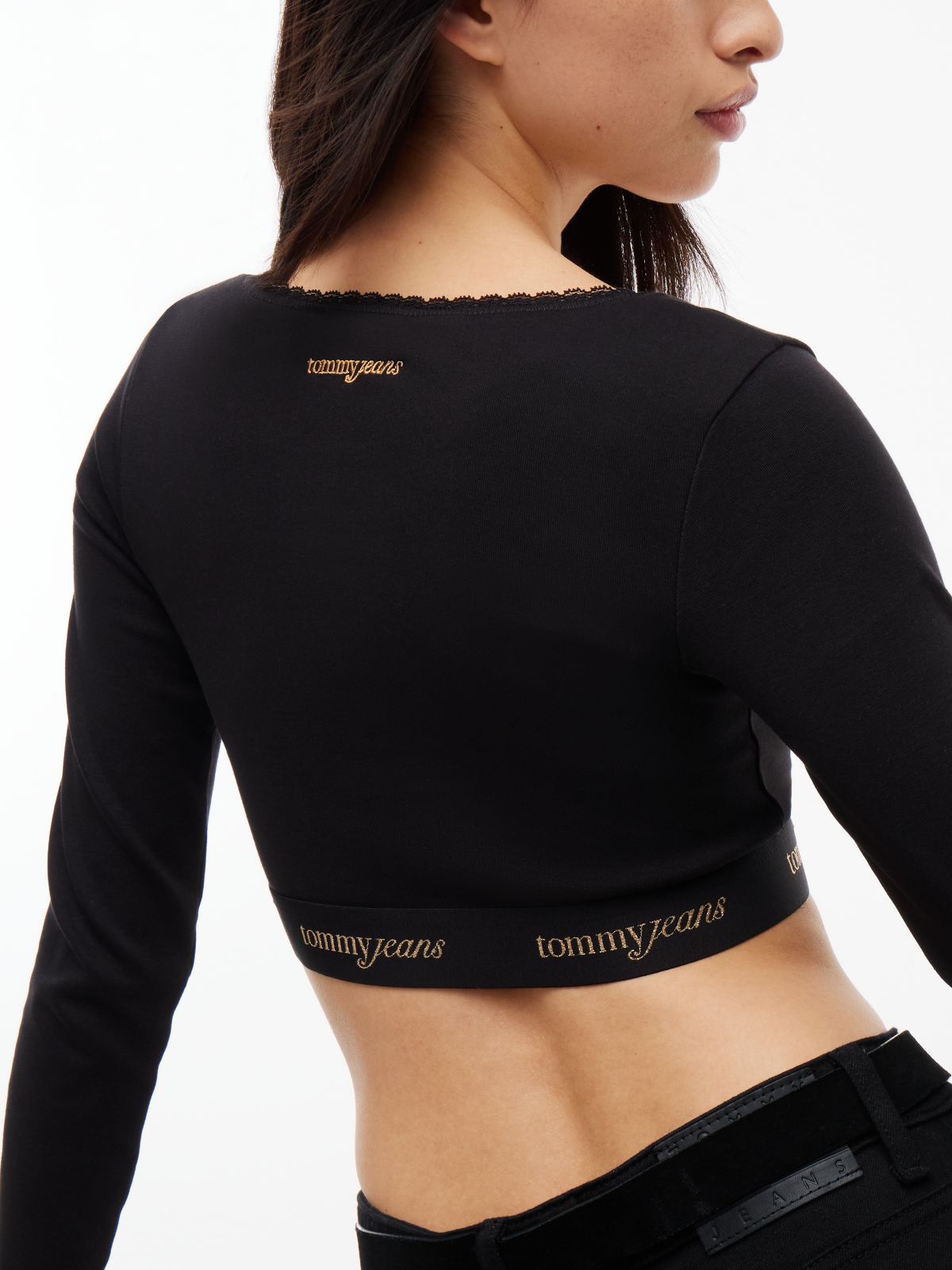 Tommy Jeans Logo Tape Ribbed Crop Top — Black