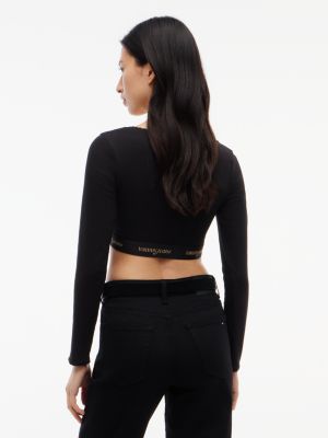 Женский топ Tommy Jeans Logo Tape Ribbed Crop Top, цвет: Чёрный — фото 4