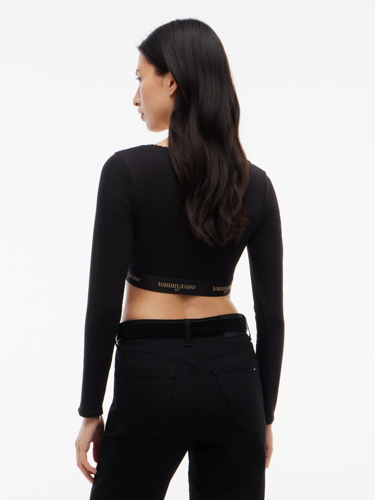 Tommy Jeans Logo Tape Ribbed Crop Top — Black