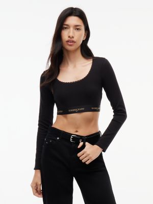 Женский топ Tommy Jeans Logo Tape Ribbed Crop Top, цвет: Чёрный — фото 1