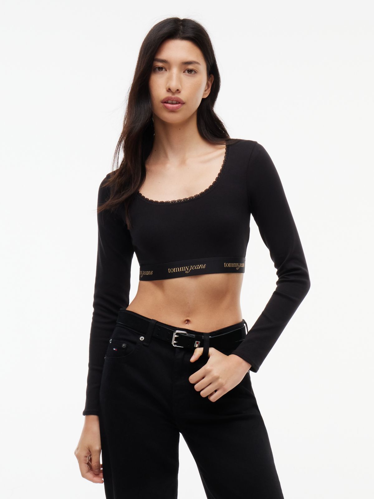 Tommy Jeans Logo Tape Ribbed Crop Top — Black