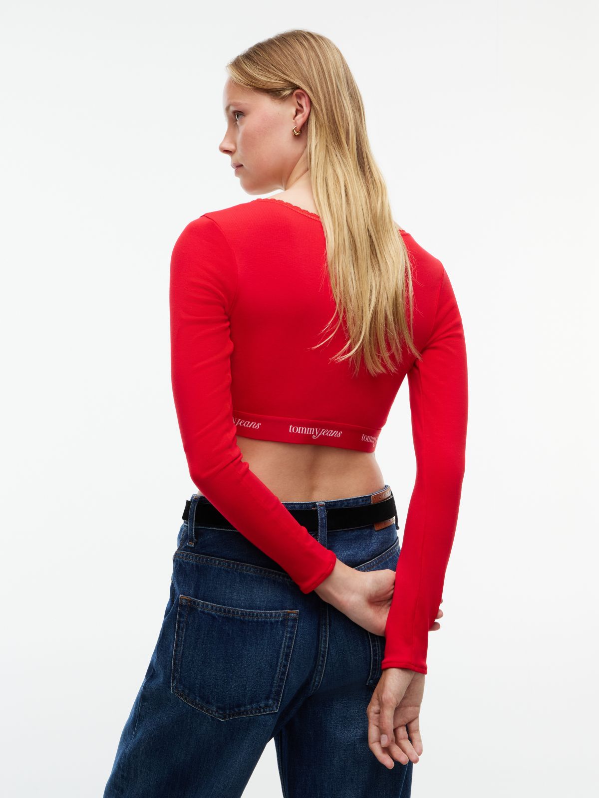 Tommy Jeans Logo Tape Ribbed Crop Top — Lavish Red