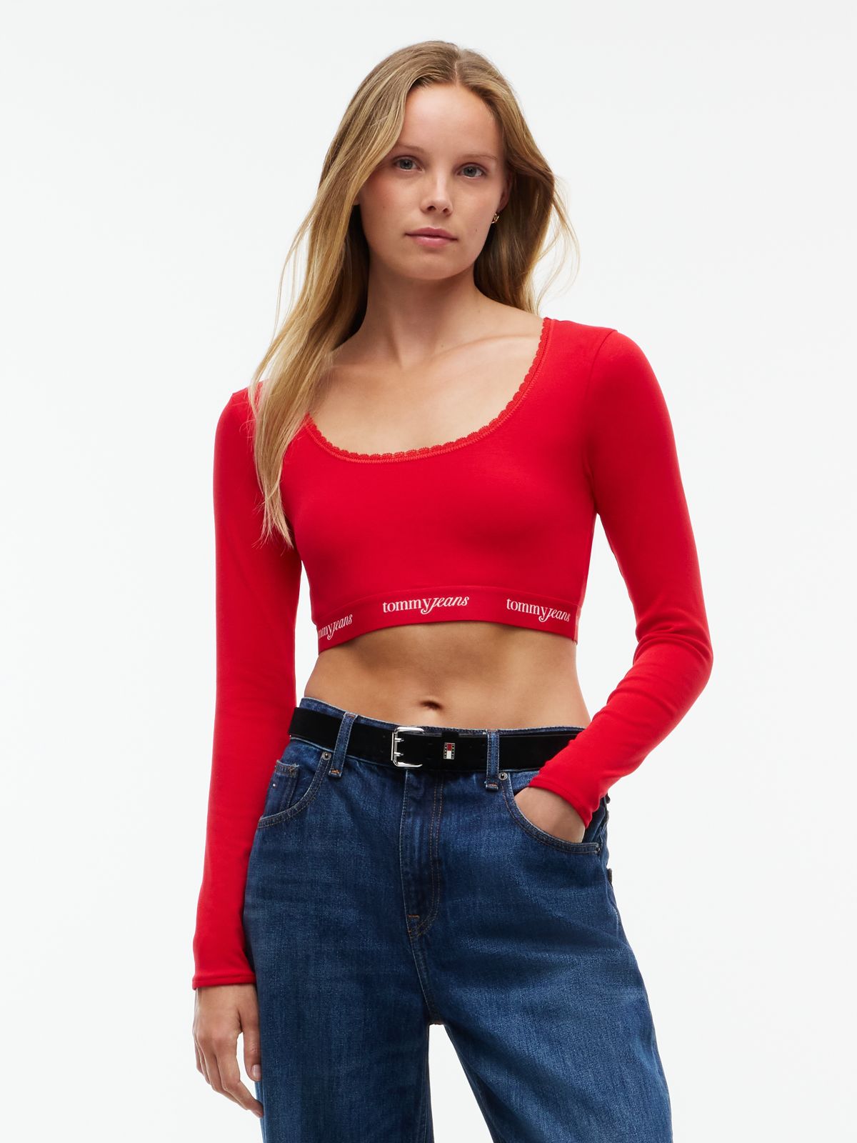 Tommy Jeans Logo Tape Ribbed Crop Top — Lavish Red