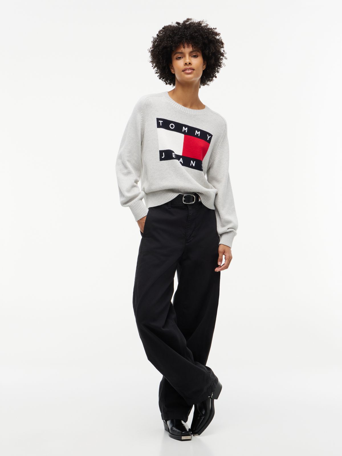 Tommy Jeans Intarsia Flag Logo Sweater — Ice Grey Heather