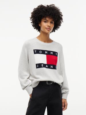 Tommy Jeans Intarsia Flag Logo Sweater, Ice Grey Heather