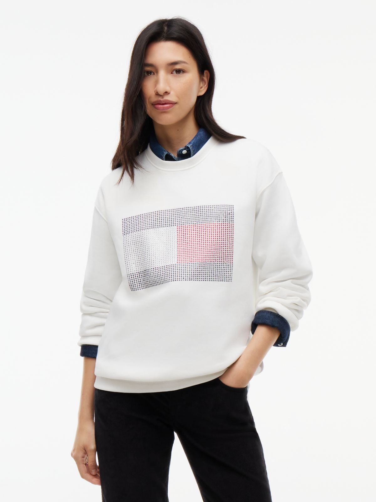 Tommy Jeans Rhinestone Flag Sweatshirt — Ecru