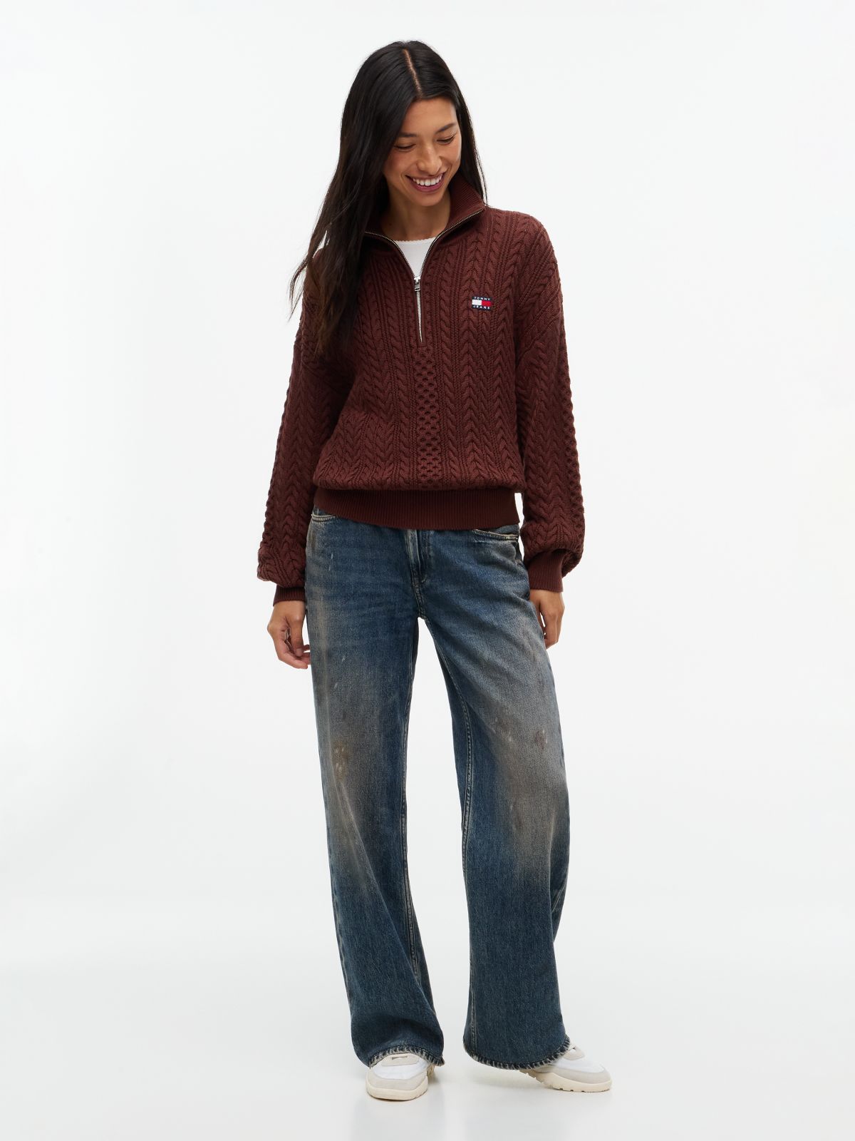 Tommy Jeans Cable Quarter-Zip Sweater — Pure Brown