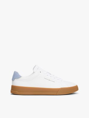 Coated Leather Court Sneaker, White / Brisk Blue