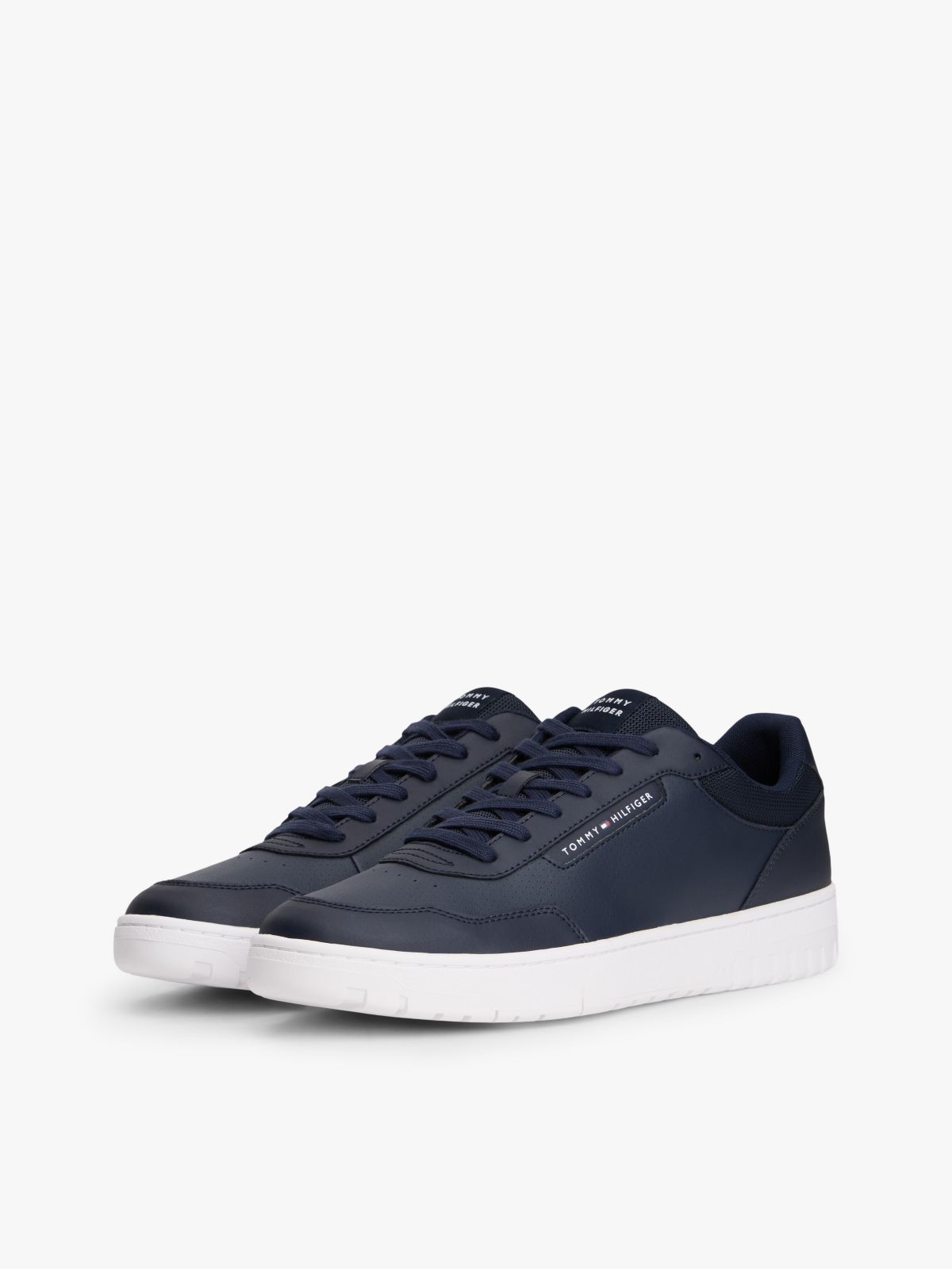 Mixed Media Leather Court Sneaker — Navy