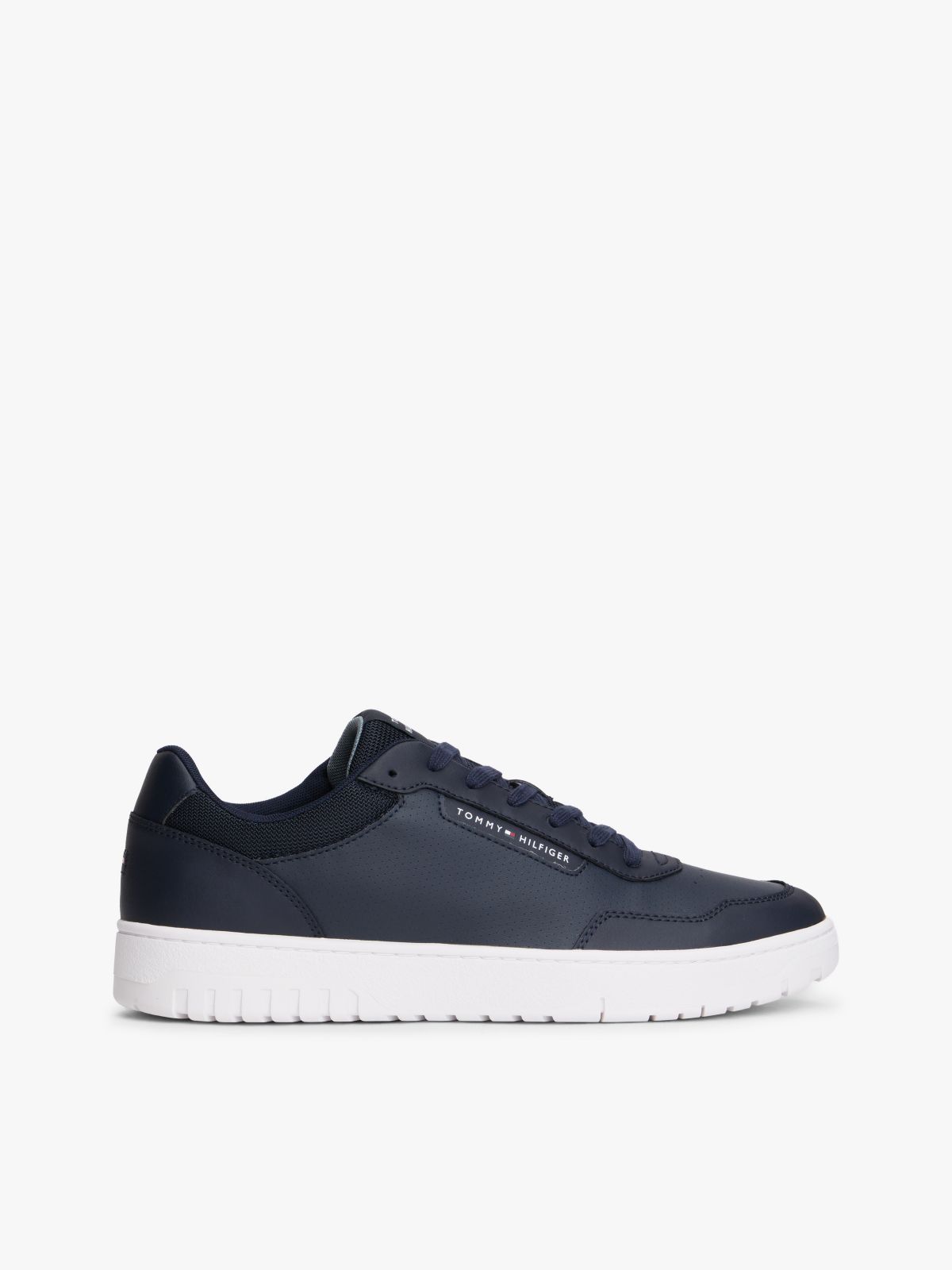 Mixed Media Leather Court Sneaker — Navy