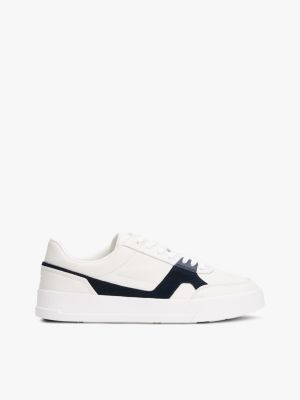 Leather Contrast Panel Court Sneaker, Ecru / Navy