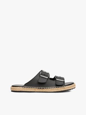Jute-Trim Leather Sandal, Black