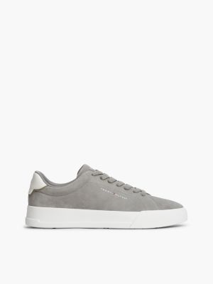 Tommy Logo Suede Court Sneaker, Hydrogen Grey