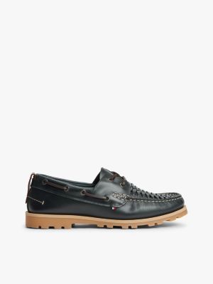 Woven Leather Boat Shoe, Navy