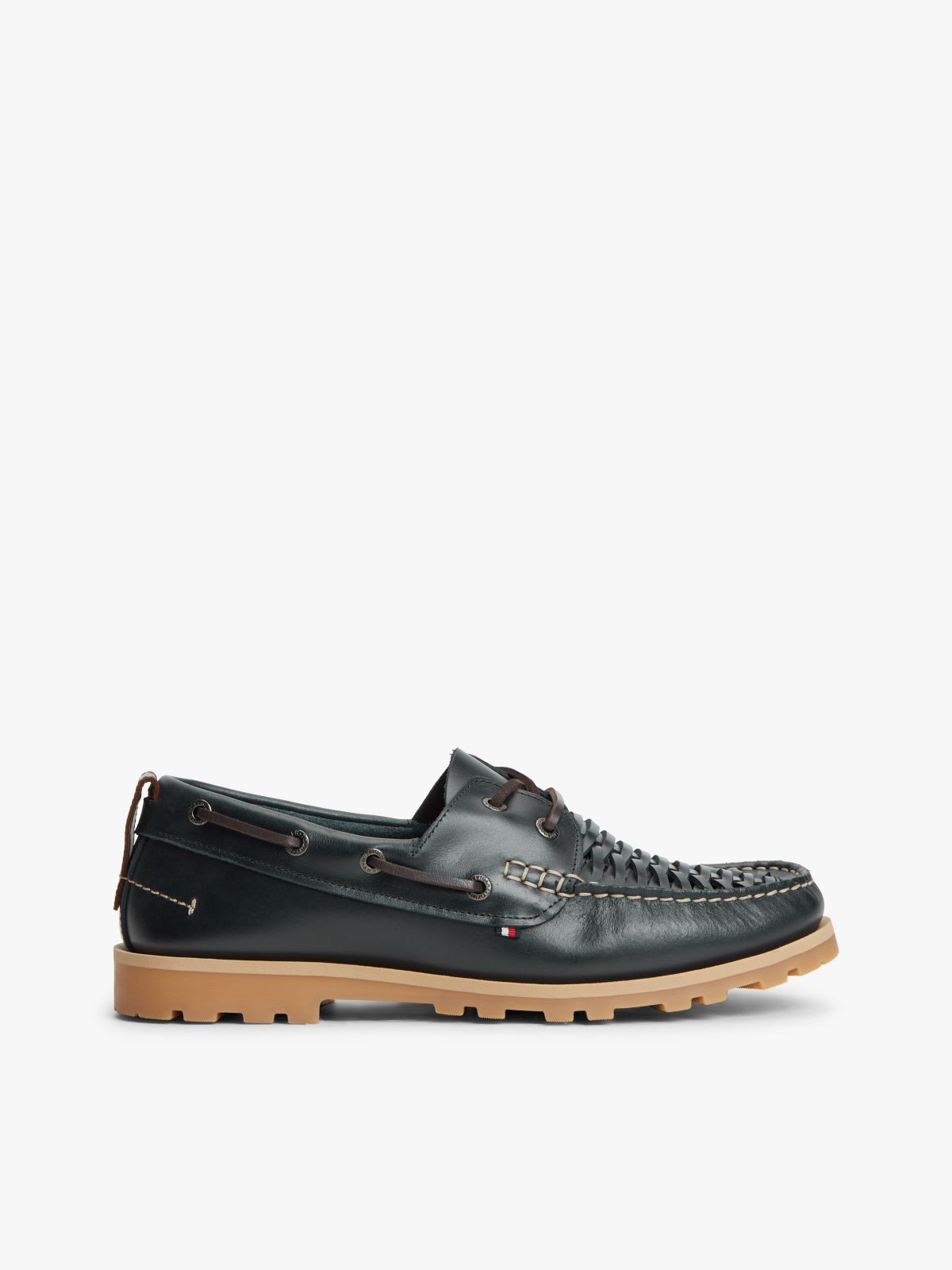 Woven Leather Boat Shoe — Navy