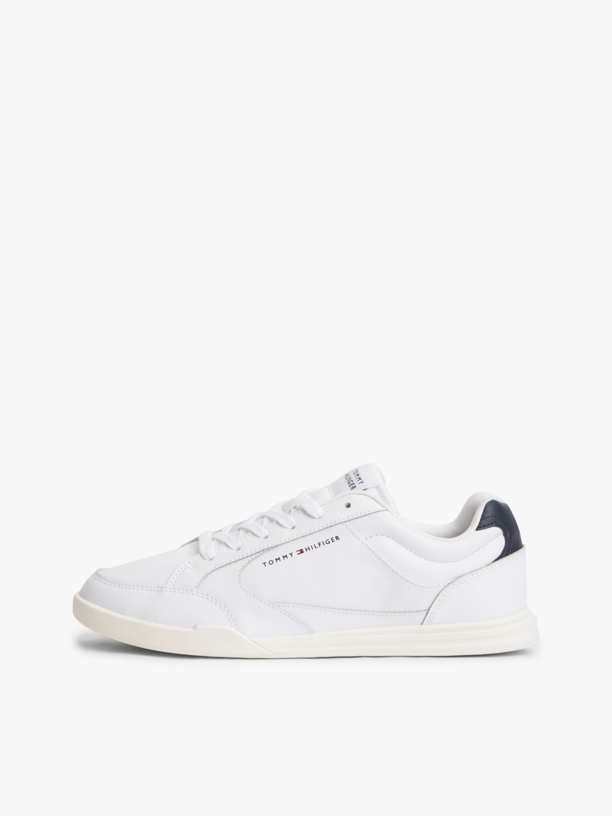 Leather Low-Top Cupsole Sneaker — White/Navy