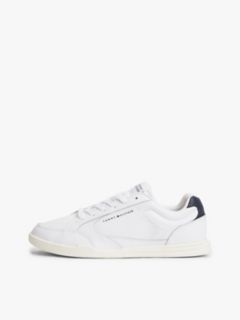 Leather Low-Top Cupsole Sneaker — White/Navy 7