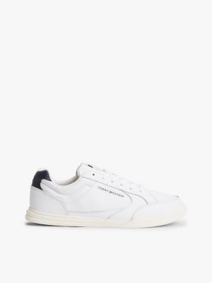 Leather Low-Top Cupsole Sneaker, White/Navy