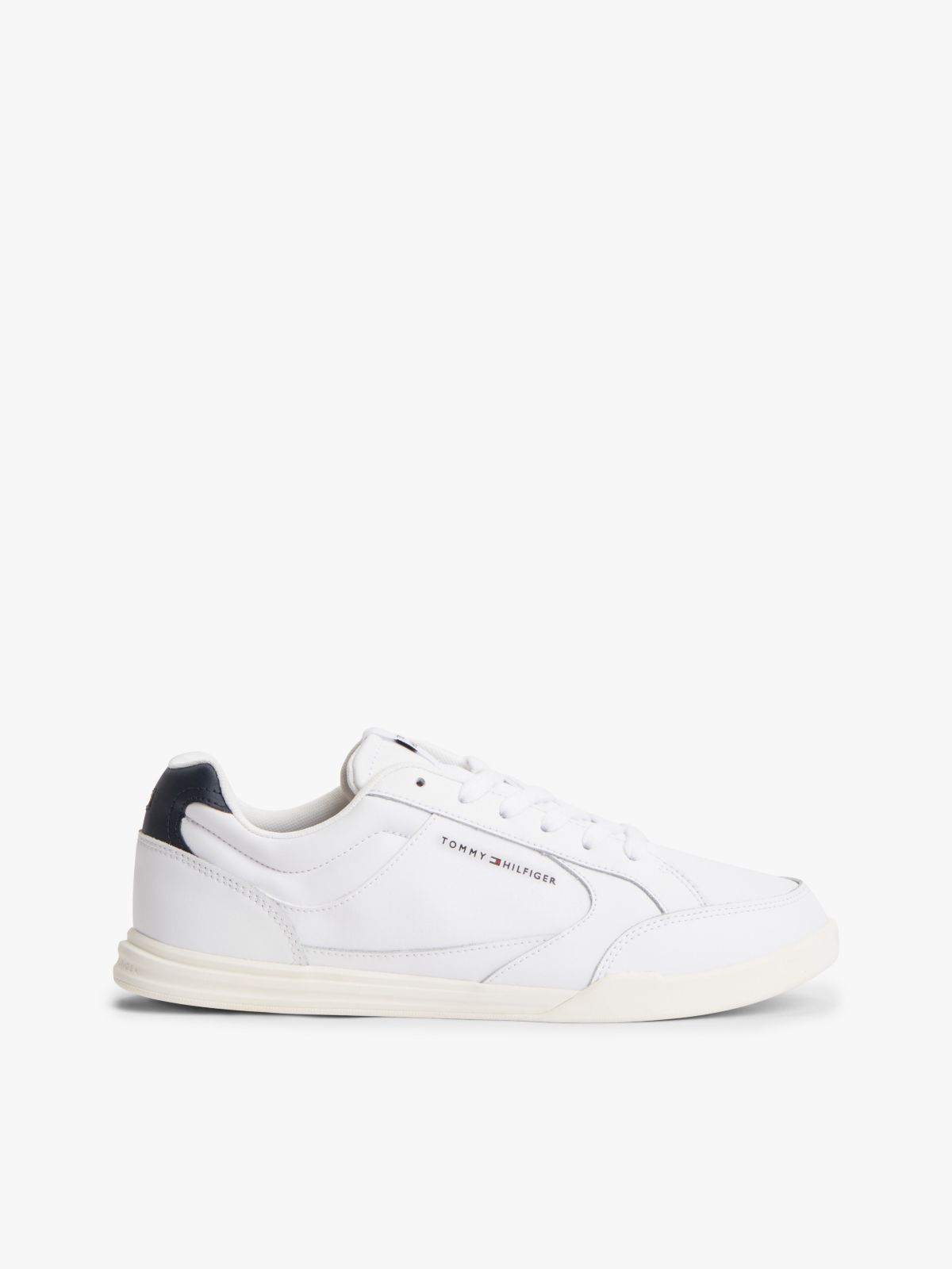 Leather Low-Top Cupsole Sneaker — White/Navy