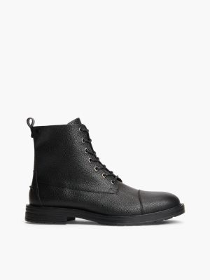 Pebbled Leather Lace-Up Boot, Black