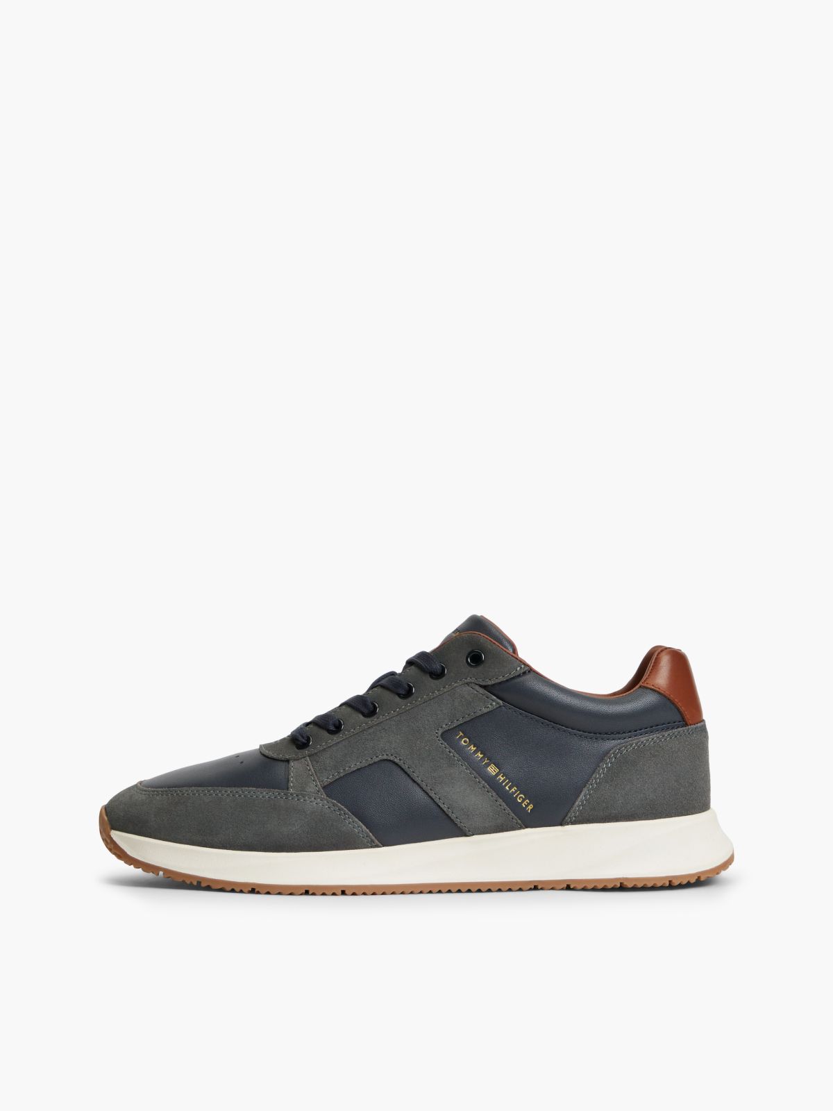T-Logo Mixed-Leather Runner Sneaker — Navy Blue