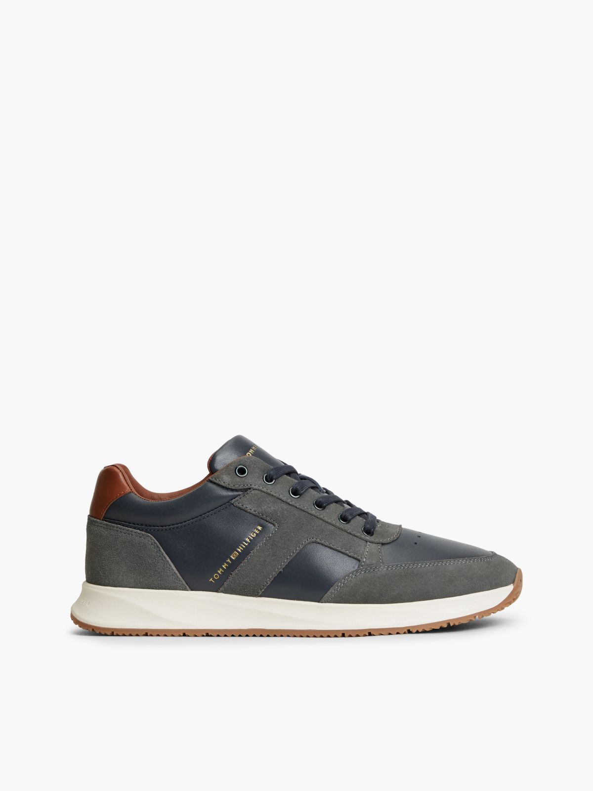 T-Logo Mixed-Leather Runner Sneaker — Navy Blue