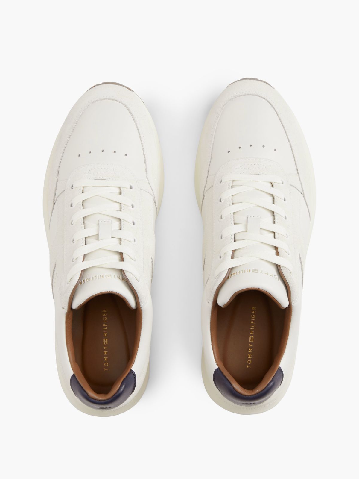 T-Logo Mixed-Leather Runner Sneaker — Ecru