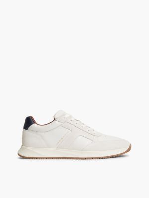T-Logo Mixed-Leather Runner Sneaker, Ecru